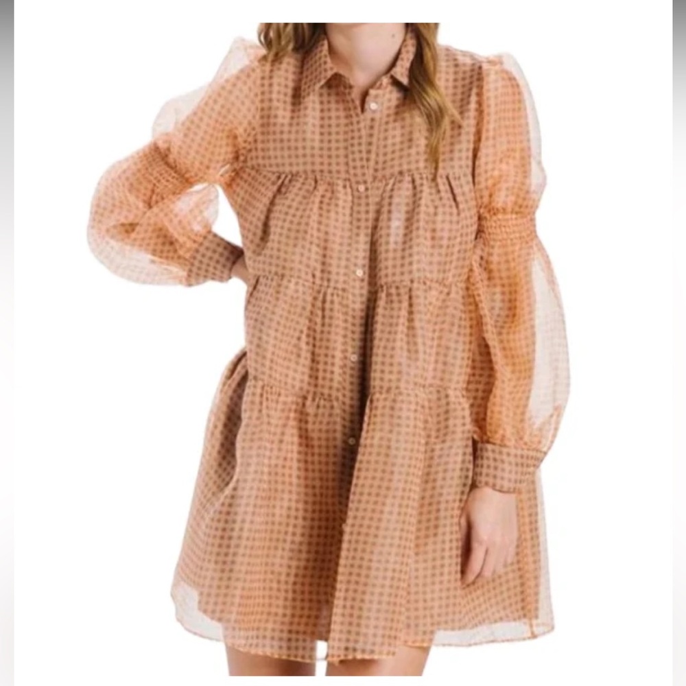 En Saison Gingham Organza Tiered Shirtdress NWT Small Brown